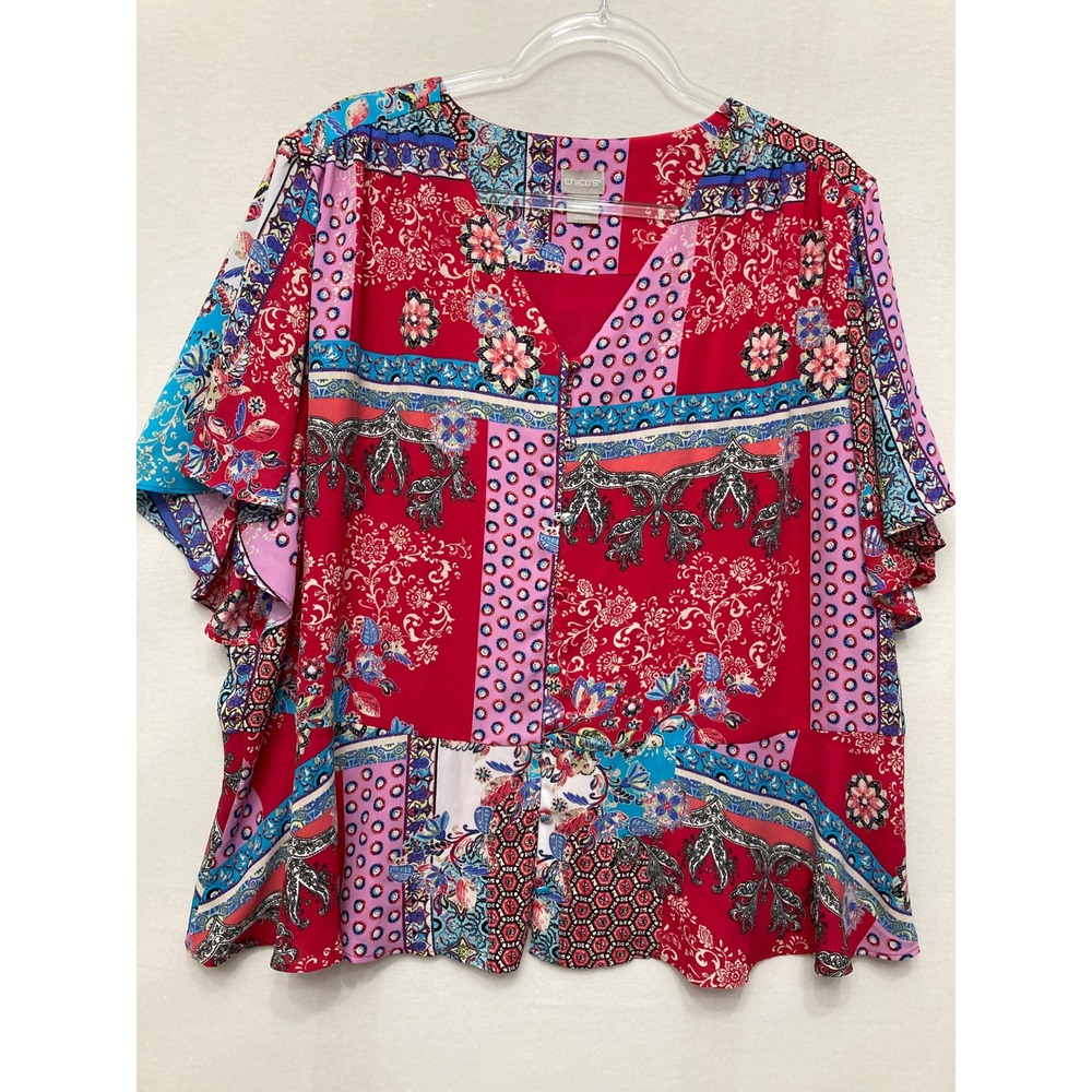 Chico's Blouse size 20/22 Multi Floral Patchwork Flutter Sleeve V-Neck Boho Top